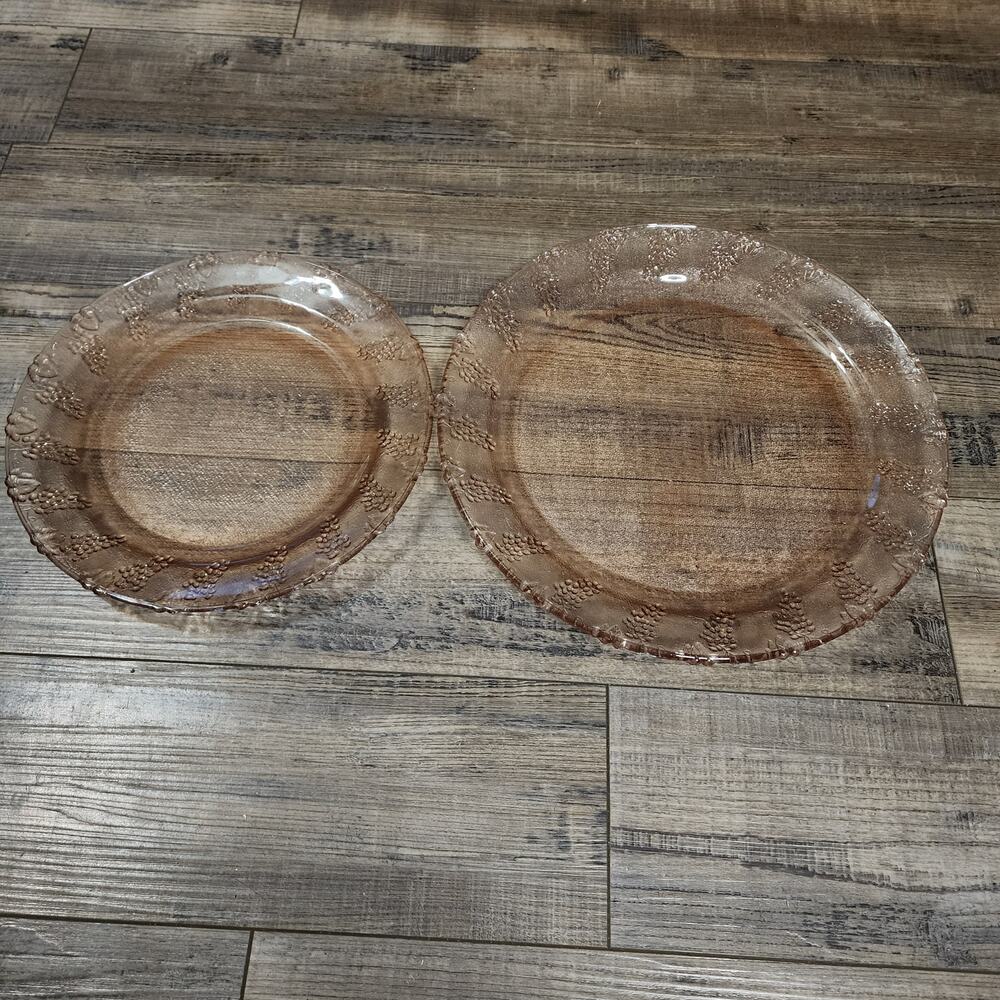 2 Vintage Pink depression glass plates grape design T